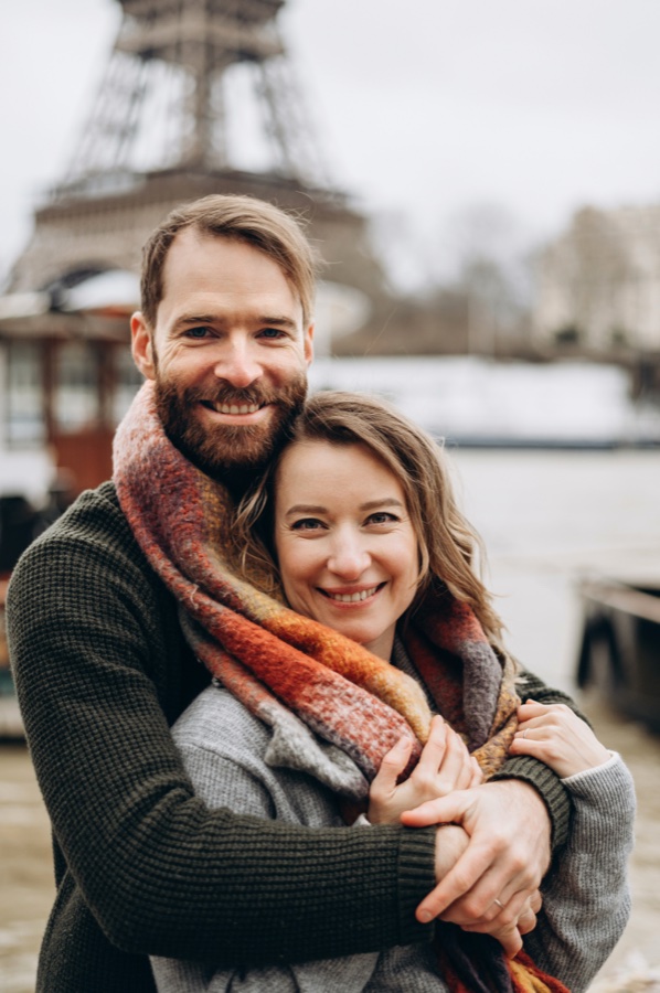 Kevin & Nataliya hug · Eiffel Tower